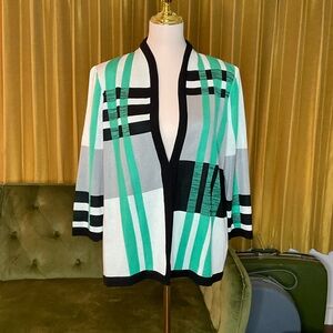 NWT Misook Heritage Fit Open Front Knit Jacket Green Stripe Sz Medium